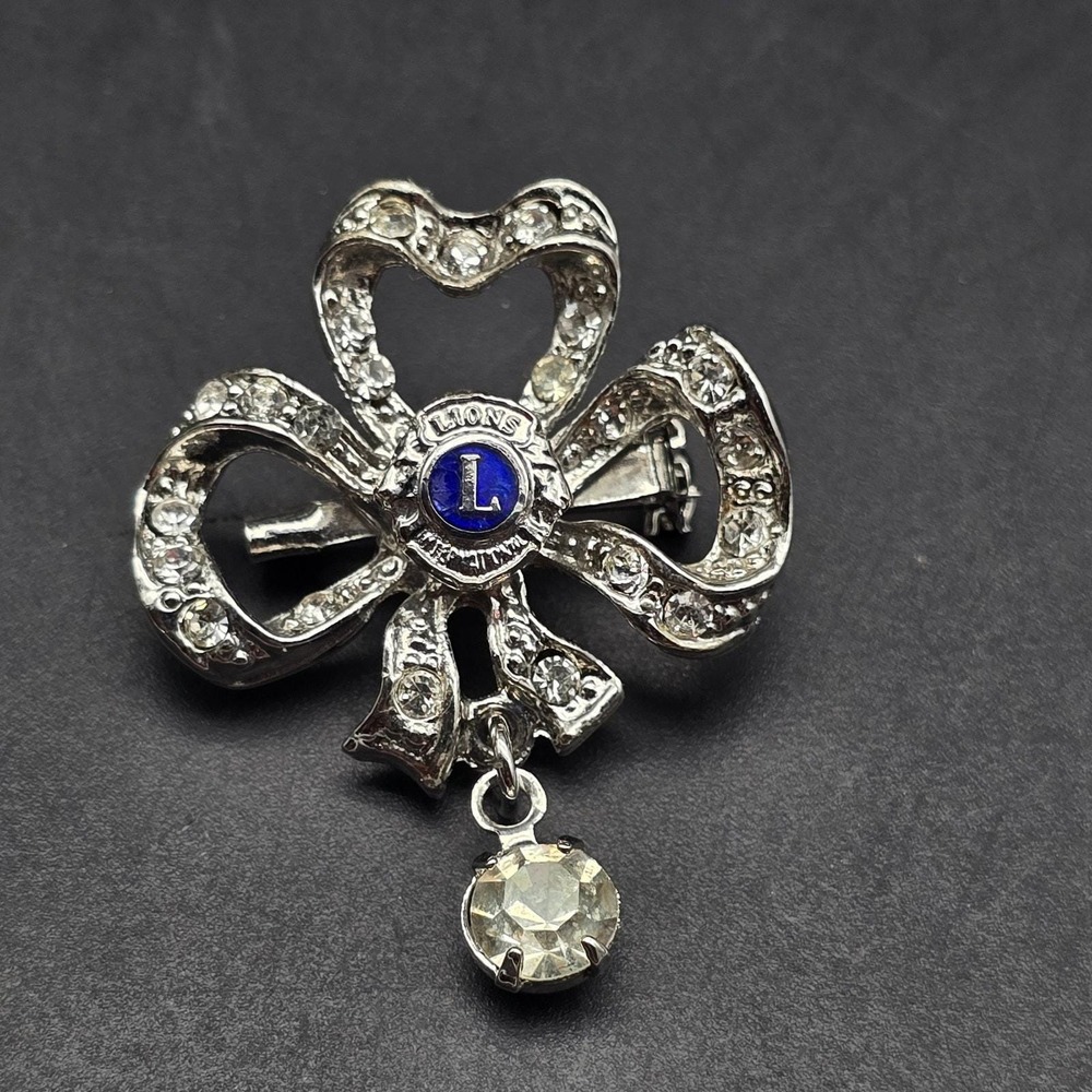 Vintage Lion's Club Rhinestone Bow Brooch Silver Tone